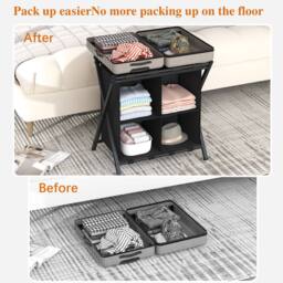 Huhote Stylish Luggage Rack With Storage 2 Tier Metal Folding Suitcase Stand in Black - thumbnail 4