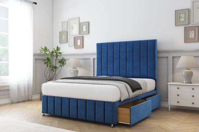 "Comfort Beds Sara Plush Divan Base 2 Drawers - 54"" Headboard-Footboard in Navy - Size: Super King" - image 1