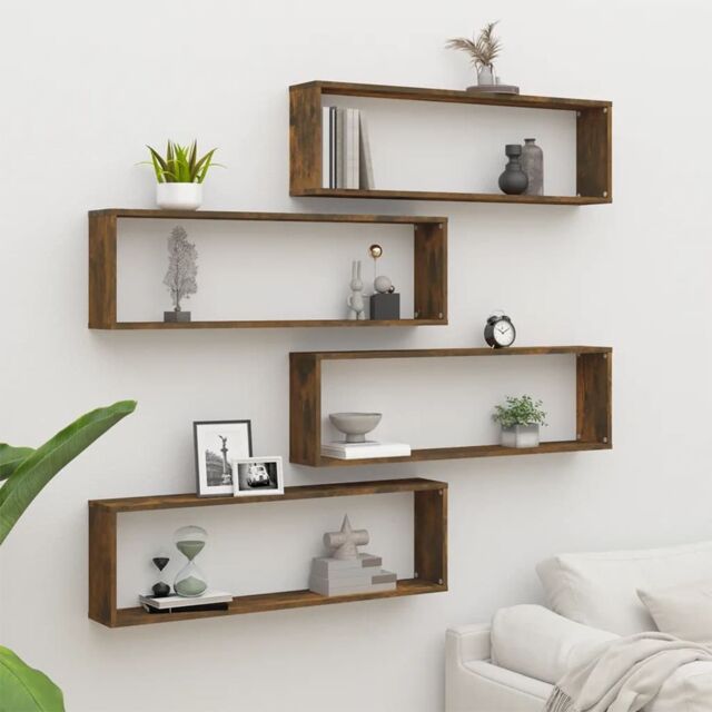 Berkfield Home Wall Cube Shelves 4 pcs Smoked Oak 100x15x30 cm Engineered Wood in Brown - Size: 100 x 15 x 30 cm - image 1