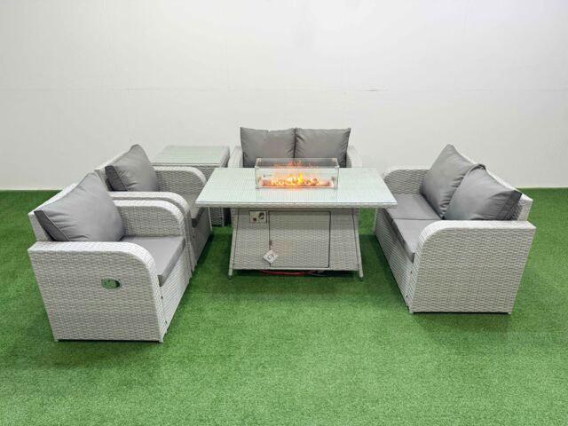 Fimous 6 Seater Outdoor Reclining Chair Love Sofa Set Rattan Garden Furniture Set with Firepit Dining Table Side Table Light Grey - image 1