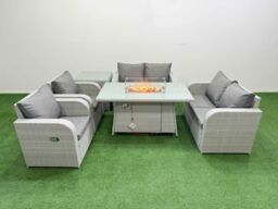 Fimous 6 Seater Outdoor Reclining Chair Love Sofa Set Rattan Garden Furniture Set with Firepit Dining Table Side Table Light Grey - thumbnail 1