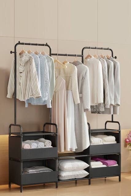 Living and Home Freestanding Clothes Metal Garment Rack Organizer Closet Rack With 4 Basket in Black - image 1
