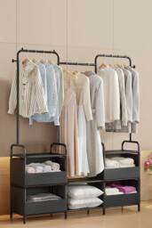 Living and Home Freestanding Clothes Metal Garment Rack Organizer Closet Rack With 4 Basket in Black - thumbnail 1