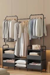 Living and Home Freestanding Clothes Metal Garment Rack Organizer Closet Rack With 4 Basket in Black - thumbnail 2