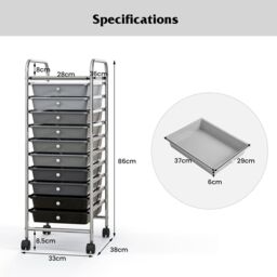 Costway 10 Drawers Storage Trolley Mobile Rolling Utility Cart Home Office Organizer in Grey - thumbnail 2