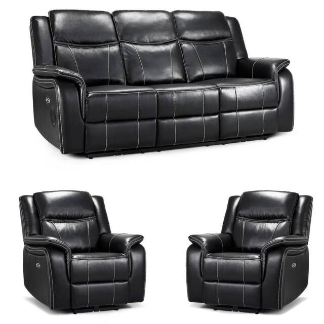 Furnishings For Less UK Orlando Black Leather 3 Piece Electric Reclining Sofas 3 + 1 + 1 - image 1