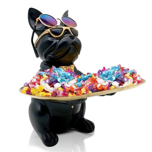 Huhote Resin Bulldog Statue With Tray & Candy Dish Home Table Decor Black - image 1
