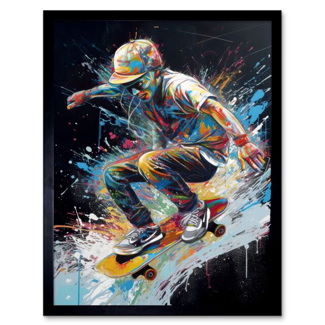 "Artery8 Wall Art Print Skateboarder Skating Multicoloured Splat Paint Art Framed in Black - Size: W12"" x H16""" - image 1