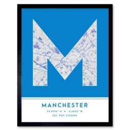 "Wee Blue Coo Wall Art Print Manchester England United Kingdom City Map Modern Typography Stylish Letter Framed Word in Blue - Size: W12"" x H16""" - thumbnail 1