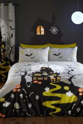 Bedlam 'Haunted House' Glow in the Dark Halloween Duvet Cover Set in Grey - Size: Single - thumbnail 1