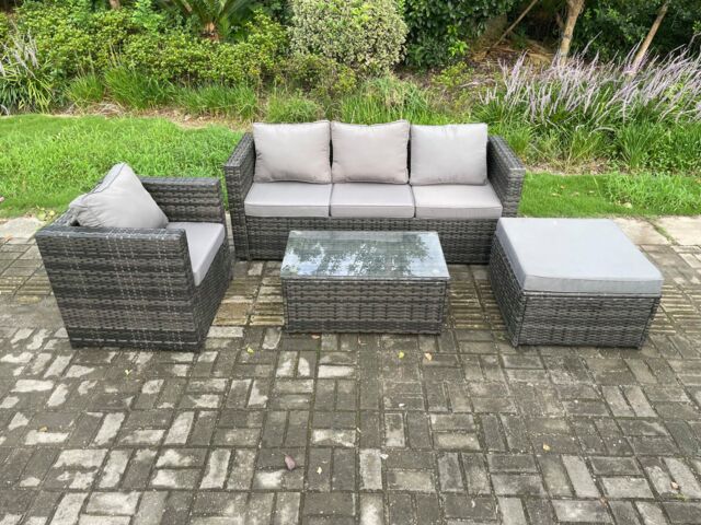 Fimous 4 PCS Outdoor Lounge Sofa Set Wicker PE Rattan Garden Furniture Set with Armchair Oblong Coffee Table Big Footstool Dark Grey Mixed - image 1