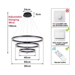 Garwarm Black Dimmable LED 3-Ring Acrylic Crystal Pendant Light - thumbnail 6