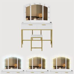 KOSY KOALA Dressing Table Set with Bulb Lights 3-Way Mirror, Drawers & Stool - White & Gold - Hollywood Style - thumbnail 3