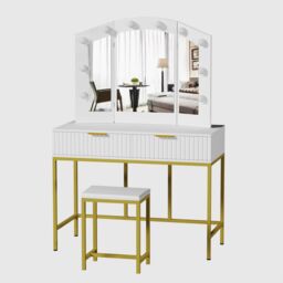 KOSY KOALA Dressing Table Set with Bulb Lights 3-Way Mirror, Drawers & Stool - White & Gold - Hollywood Style - thumbnail 7