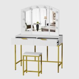 KOSY KOALA Dressing Table Set with Bulb Lights 3-Way Mirror, Drawers & Stool - White & Gold - Hollywood Style - thumbnail 2