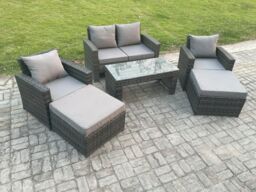 Fimous 6 Seater High Back Rattan Garden Furniture Sofa Sets with Rectangular Coffee Table Armchair 2 Big Footstool Dark Grey Mixed - thumbnail 2
