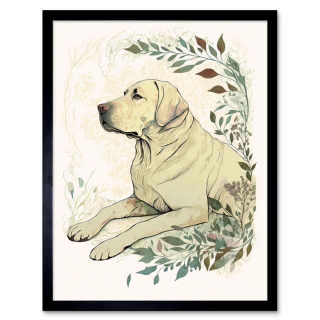 "Artery8 Wall Art Print Labrador Retriever Dog Lying in Field Modern Linocut Art Framed in Black - Size: W12"" x H16""" - image 1