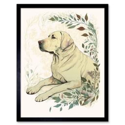 "Artery8 Wall Art Print Labrador Retriever Dog Lying in Field Modern Linocut Art Framed in Black - Size: W12"" x H16""" - thumbnail 1