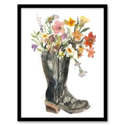 Artery8 Wildflower Bouquet Heeled Army Boot Watercolour Framed Art Print - Size: A4 - thumbnail 1