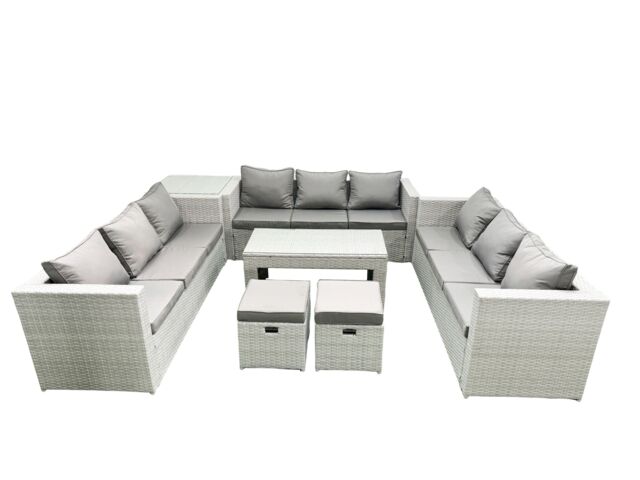 Fimous Rattan Garden Outdoor Furniture Set 11 Seater Garden Sofa Oblong Coffee Table Set with 2 Small Footstool Side Table Light Grey Mixed - image 1