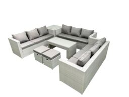 Fimous Rattan Garden Outdoor Furniture Set 11 Seater Garden Sofa Oblong Coffee Table Set with 2 Small Footstool Side Table Light Grey Mixed - thumbnail 2