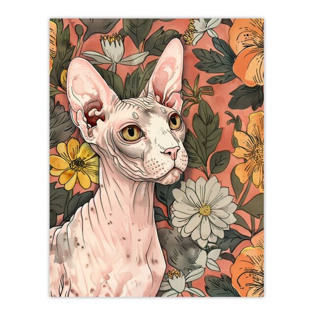 "Artery8 Sphynx Cat Lover in Flower Garden Pet Portrait Wall Art Print in Pink - Size: W18"" x H24""" - image 1