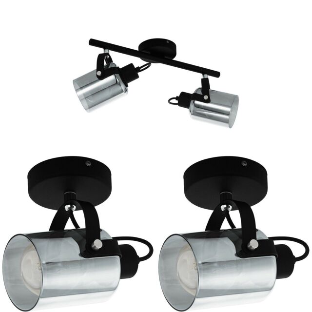 Loops Twin Ceiling Spot Light & 2x Matching Wall Lights Black Vaporized Glass Shade - image 1