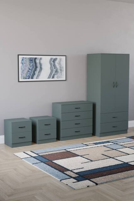 Home Discount Vida Designs Riano 4Pc Bedroom Set 2 Drawer Bedside, 4 Drawer Chest in Green - image 1