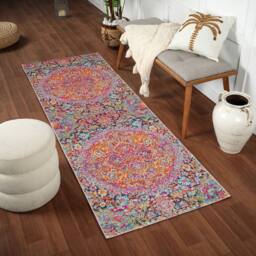 Livabliss Harput Vintage Orange Blue Grey Burgundy Traditional Boho Living Rug in Red - Size: 80 cm x 220 cm