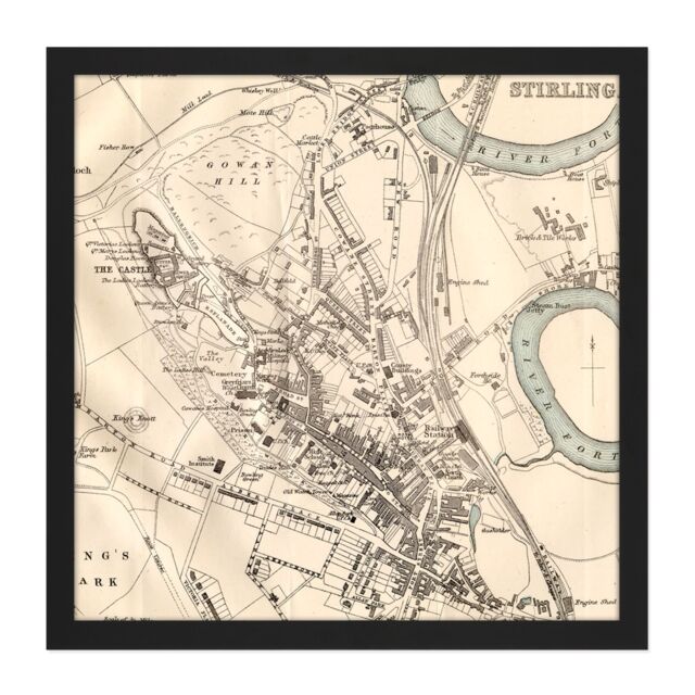 "Artery8 Wall Art Print Map 1888 Bartholemew Stirling City Scotland Plan Square Framed Picture 16X16 Inch in Black - Size: W16"" x H16""" - image 1