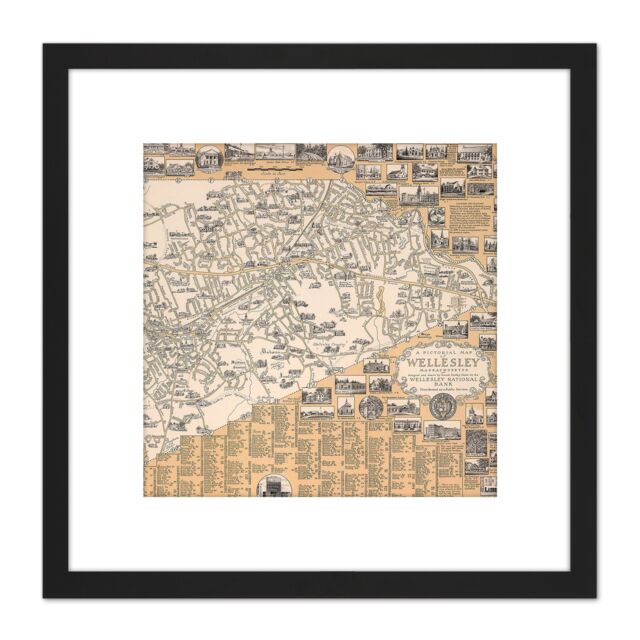 Artery8 1960 Ernest Dudley Chase Map Wellesley Massachusetts 8X8 Inch Square Wooden Framed Wall Art Print Picture with Mount in Black - image 1