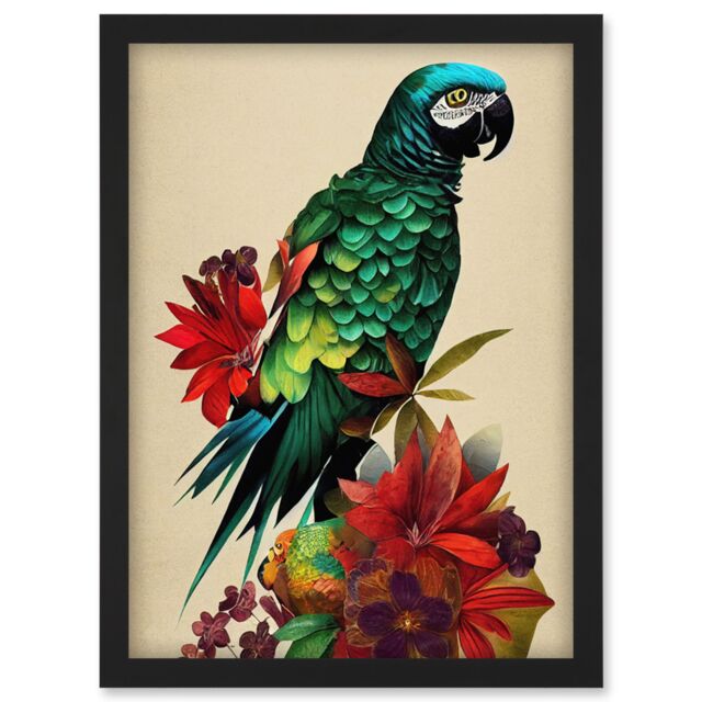 Artery8 Exotic Flowers & Feathers Macaw Parrot & Jungle Blooms Artwork Framed Wall Art Print A4 in Black - image 1