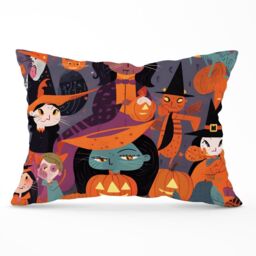 Warren Reed - Designer A Vibrant Illustration Of Witches & Pumpkin Cushions in Orange - Size: 45 cm x 45 cm - thumbnail 1