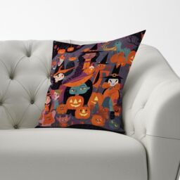 Warren Reed - Designer A Vibrant Illustration Of Witches & Pumpkin Cushions in Orange - Size: 45 cm x 45 cm - thumbnail 3