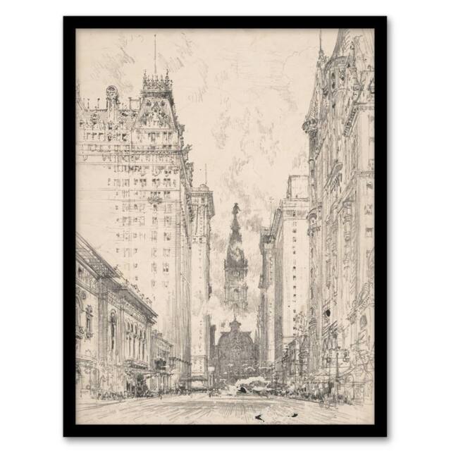 Artery8 Joseph Pennell Broad Street View Pencil Cityscape Framed Art Print in Grey - Size: A4 - image 1