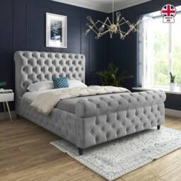 Casani Stenton Sleigh Upholstered Grey Soft Velvet Designer Bed Frame - Size: Small Single - thumbnail 5
