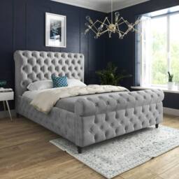 Casani Stenton Sleigh Upholstered Grey Soft Velvet Designer Bed Frame - Size: Small Single - thumbnail 2