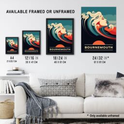 Artery8 Wall Art Print The Seaside Calls Bournemouth Beach England UK Sunset Woman of the Waves Sea Siren Ocean Art Framed in Blue - Size: A4 - thumbnail 3
