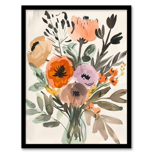 Artery8 Flower Bouquet Vase Abstract Floral Watercolour Framed Wall Art - Size: A4 - image 1