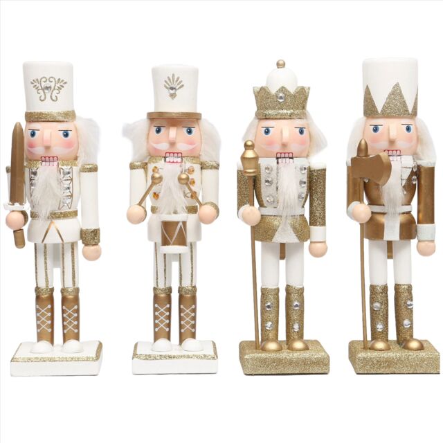 Shatchi 25cm Gold Wooden Nutcrackers Soldiers King Drummer Christmas Ornament 4pcs Set - image 1