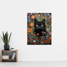 "Artery8 Black Cat In Wildflower Meadow Flowers Floral Design Illustration Extra Large XL Unframed Wall Art Poster Print - Size: W24"" x H32""" - thumbnail 4