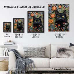 "Artery8 Black Cat In Wildflower Meadow Flowers Floral Design Illustration Extra Large XL Unframed Wall Art Poster Print - Size: W24"" x H32""" - thumbnail 3