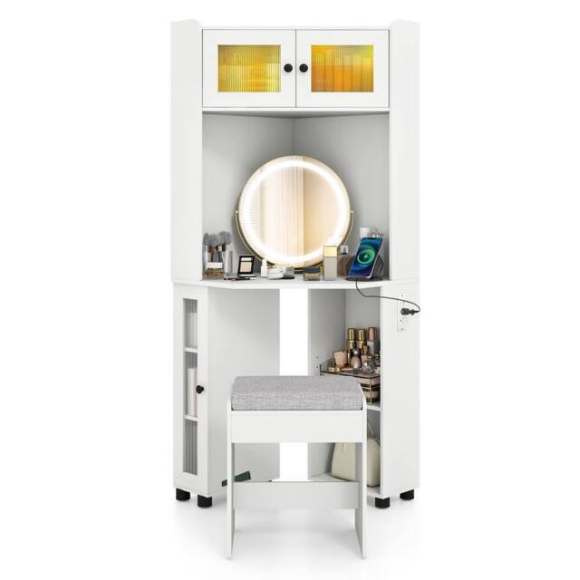 Gymax Corner Dressing Table With Lights Cushioned Stool & Charging Station in White - image 1