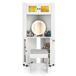 Gymax Corner Dressing Table With Lights Cushioned Stool & Charging Station in White - thumbnail 1