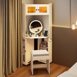 Gymax Corner Dressing Table With Lights Cushioned Stool & Charging Station in White - thumbnail 4