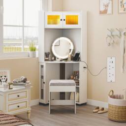 Gymax Corner Dressing Table With Lights Cushioned Stool & Charging Station in White - thumbnail 3