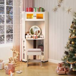 Gymax Corner Dressing Table With Lights Cushioned Stool & Charging Station in White - thumbnail 5