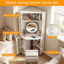 Gymax Corner Dressing Table With Lights Cushioned Stool & Charging Station in White - thumbnail 9