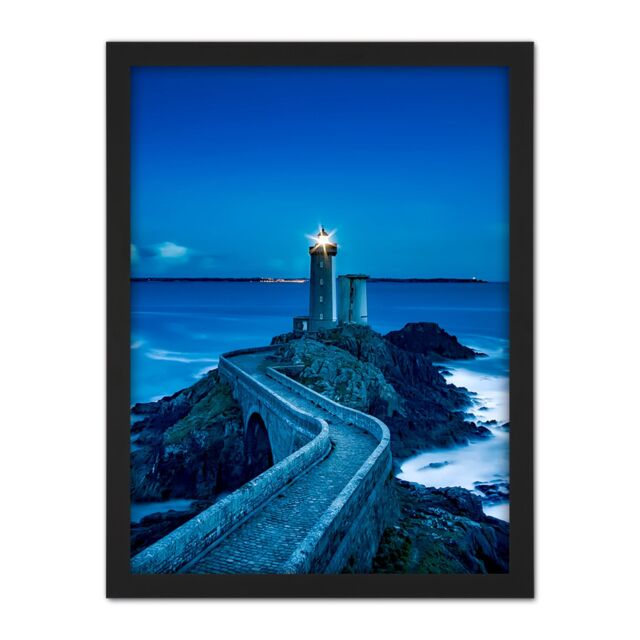 "Artery8 Wall Art Print Plouzane France Lighthouse Pier Night Photo Large Framed Wall Décor Art in White - Size: W18"" x H24""" - image 1
