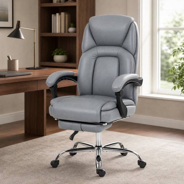 STILVORA Grey Faux Leather Reclining Office Chair with Footrest - image 1
